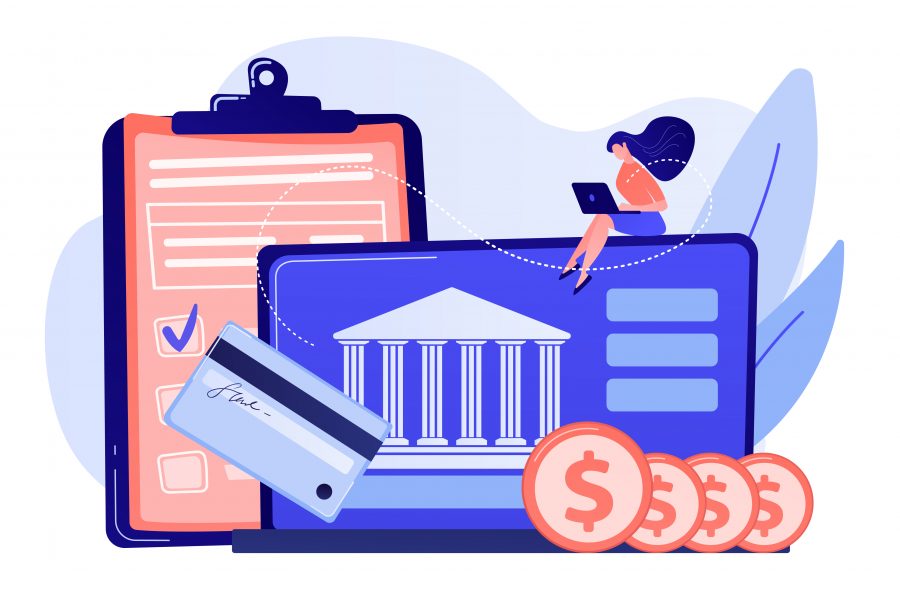 Customer sitting with laptop and bank with credit card and financial savings. Personal bank account, savings bank deposit, fixed rate loan concept. Pink coral blue vector isolated illustration