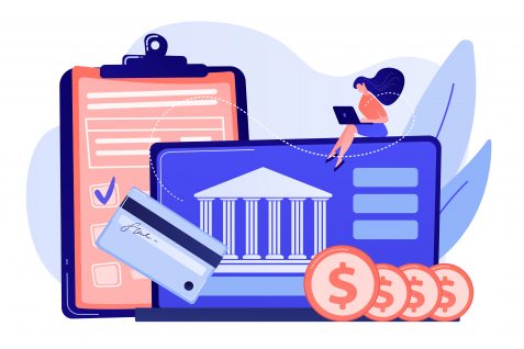 Customer sitting with laptop and bank with credit card and financial savings. Personal bank account, savings bank deposit, fixed rate loan concept. Pink coral blue vector isolated illustration