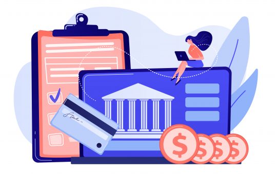 Customer sitting with laptop and bank with credit card and financial savings. Personal bank account, savings bank deposit, fixed rate loan concept. Pink coral blue vector isolated illustration