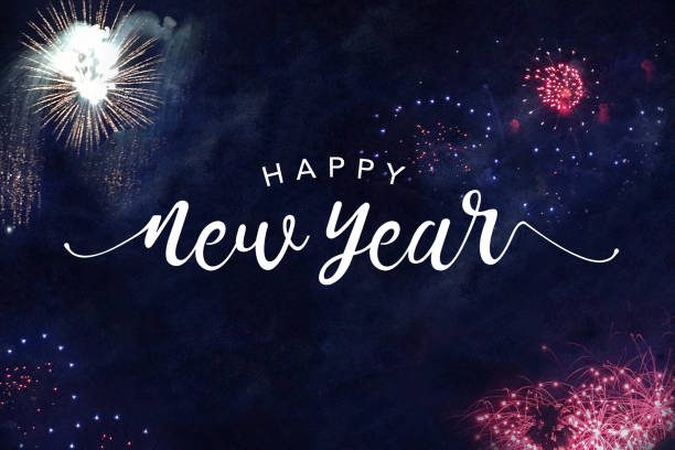 Happy New Year Typography with Fireworks in Night Sky