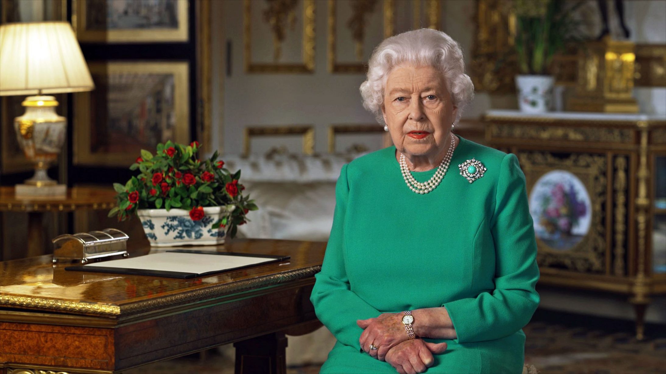 NOTE TO EDITORS: This handout photo may only be used in for editorial reporting purposes for the contemporaneous illustration of events, things or the people in the image or facts mentioned in the caption. Reuse of the picture may require further permission from the copyright holder.
Mandatory Credit: Photo by Buckingham Palace/PA Wire/Shutterstock (10604048b)
Buckingham Palace handout image of Queen Elizabeth II during her address to the nation and the Commonwealth in relation to the coronavirus epidemic. The address was recorded at Windsor Castle.
Queen Elizabeth II address to the nation in relation to the coronavirus epidemic, Windsor Castle, UK - 05 Apr 2020